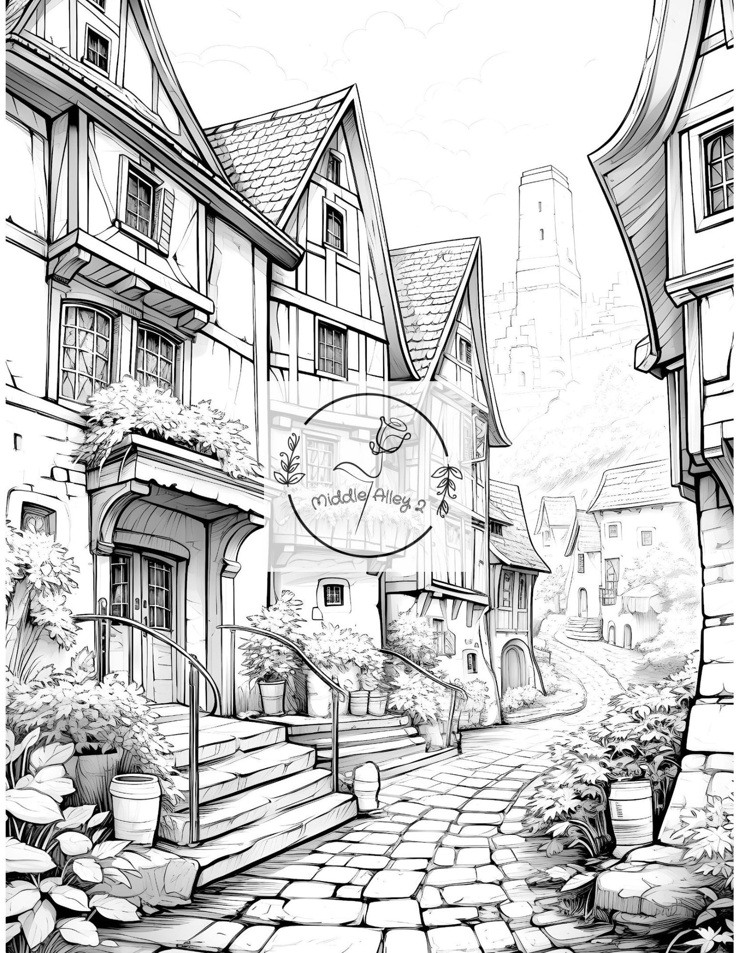 🏰🖌️ „Zauberhafte Zeitreise – Malbuch mit 50 mittelalterlichen Dorfmotiven“ 🌲🎨