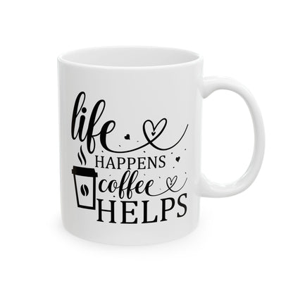 Bedruckte Kaffeetasse – 11oz (330 ml) – "Coffee Helps" – robust & stilvoll