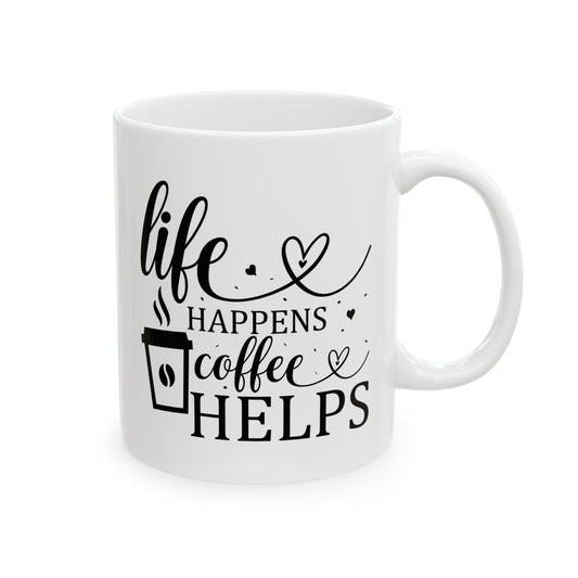Bedruckte Kaffeetasse – 11oz (330 ml) – "Coffee Helps" – robust & stilvoll