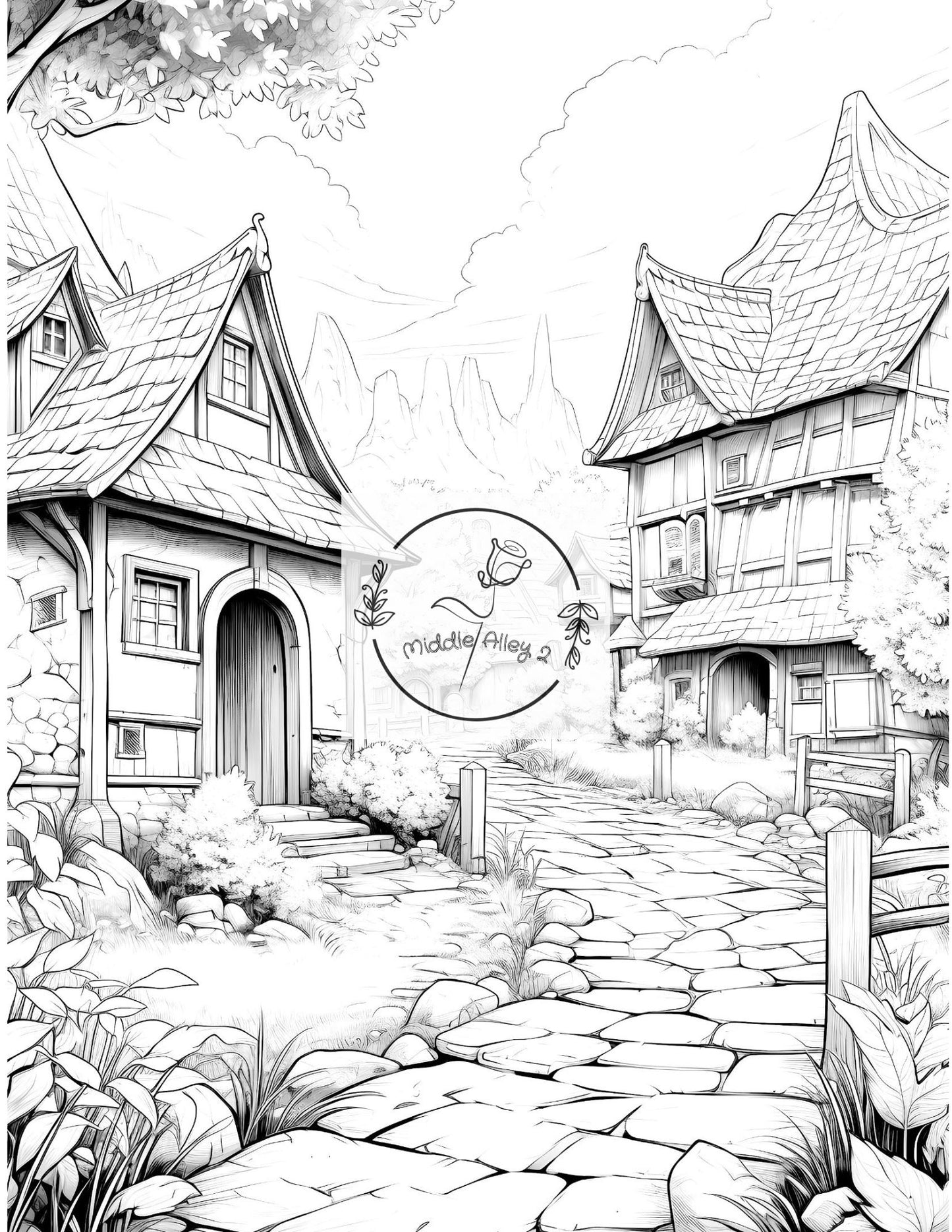 🏰🖌️ „Zauberhafte Zeitreise – Malbuch mit 50 mittelalterlichen Dorfmotiven“ 🌲🎨