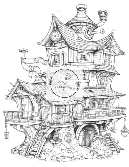 🏡 „Steam & Spaß – Das Steampunk-Malbuch mit 50 verrückten Häusern für Kinder & Erwachsene“ 🎨🕰️