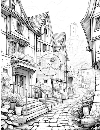 🏰🖌️ „Zauberhafte Zeitreise – Malbuch mit 50 mittelalterlichen Dorfmotiven“ 🌲🎨