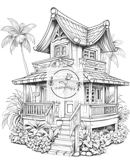 🌺🏄‍♂️ Aloha & Ausmalspaß – Malbuch mit 50 lustigen Hawaii-Häusern für Kinder & Erwachsene 🎨🌴