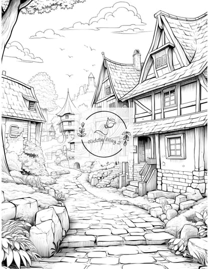 🏰🖌️ „Zauberhafte Zeitreise – Malbuch mit 50 mittelalterlichen Dorfmotiven“ 🌲🎨